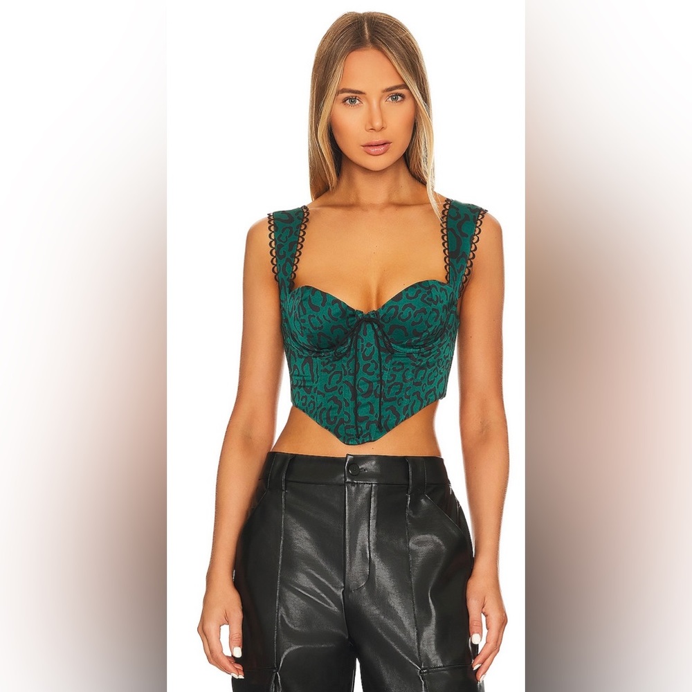 NWT For Love & Lemons Sammie Crop Top Green Leopard Print Bustier XS